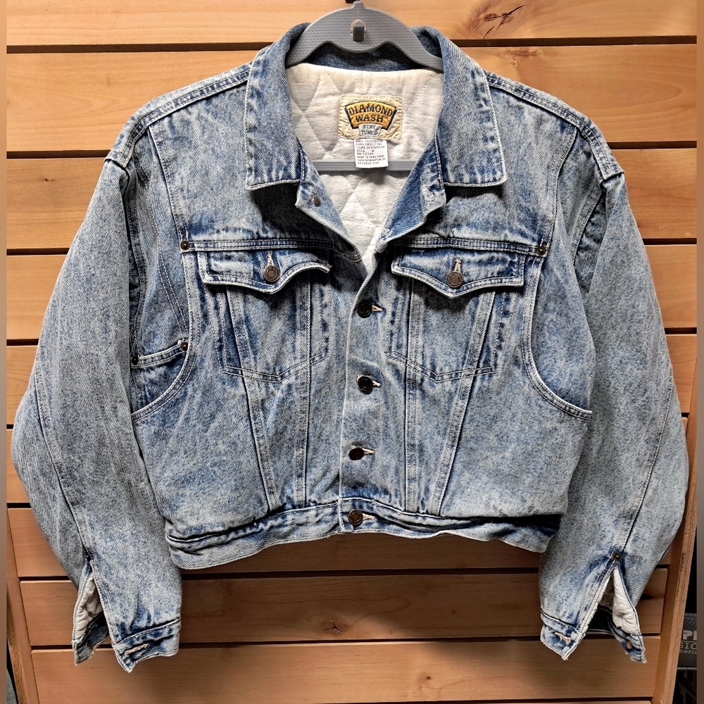 Vintage 1970's Diamond Wash Acid Washed Cropped Quilted Denim Jacket Size M - Picture 2 of 8